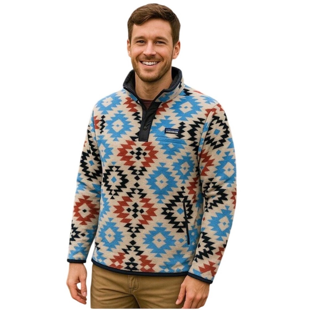 Lands' End Heritage Fleece Pullover Aztec Southwestern Snap Neck XL Cozy